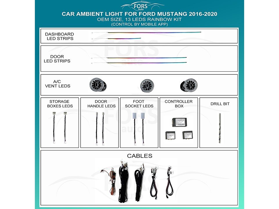 Підсвітка салону FORS.auto для Ford Mustang 2016-2020 (Rainbow Kit)-13 LEDs Підсвітка салону Ford Mustang