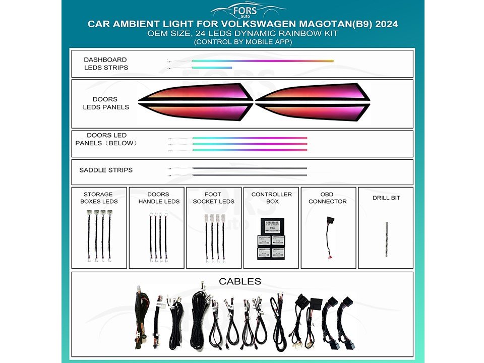 Підсвітка салону FORS.auto для Volkswagen Magotan B9 2024 (Dynamic Rainbow Kit)-24 LEDs Підсвітка салону Volkswagen Magotan B9
