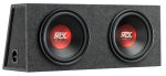 Сабвуфер MTX RTE12x2DV у фоновому режимі, що демонструє його стильний дизайн і 30-сантиметровий 12-дюймовий сабвуфер