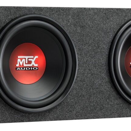 Сабвуфер MTX RTE12x2DV у фоновому режимі, що демонструє його стильний дизайн і 30-сантиметровий 12-дюймовий сабвуфер