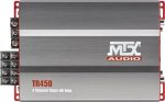 Чотирьохканальний підсилювач MTX TR450 у форматі боксику з передньою панеллю та індикаторами