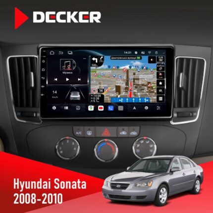 Штатна магнітола Hyundai Sonata 2008-2010 Decker D9-011 4x64 DSP 4G 360 на центральній консолі автомобіля