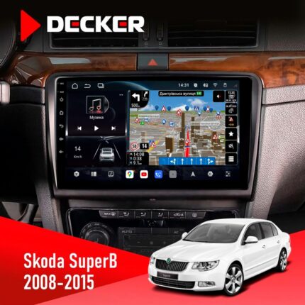 Штатна магнітола Skoda SuperB 2008-2015 Decker D10-011 4x64 DSP 4G 360 — фронтальний вигляд пристрою з QLED екраном 10.1 дюйма для Skoda SuperB 2008-2015