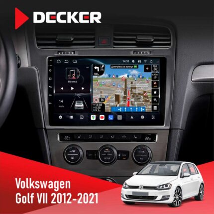 Штатна магнітола Volkswagen Golf 2012-2021 Silver Decker D10-011 4x64 DSP 4G 360 на центральній консолі автомобіля
