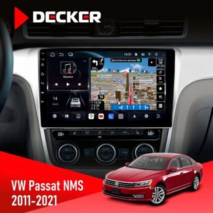 Штатна магнітола Volkswagen Passat NMS 2011-2021 Decker D10-011 4x64 DSP 4G 360 — фронтальний вигляд на штатному місці